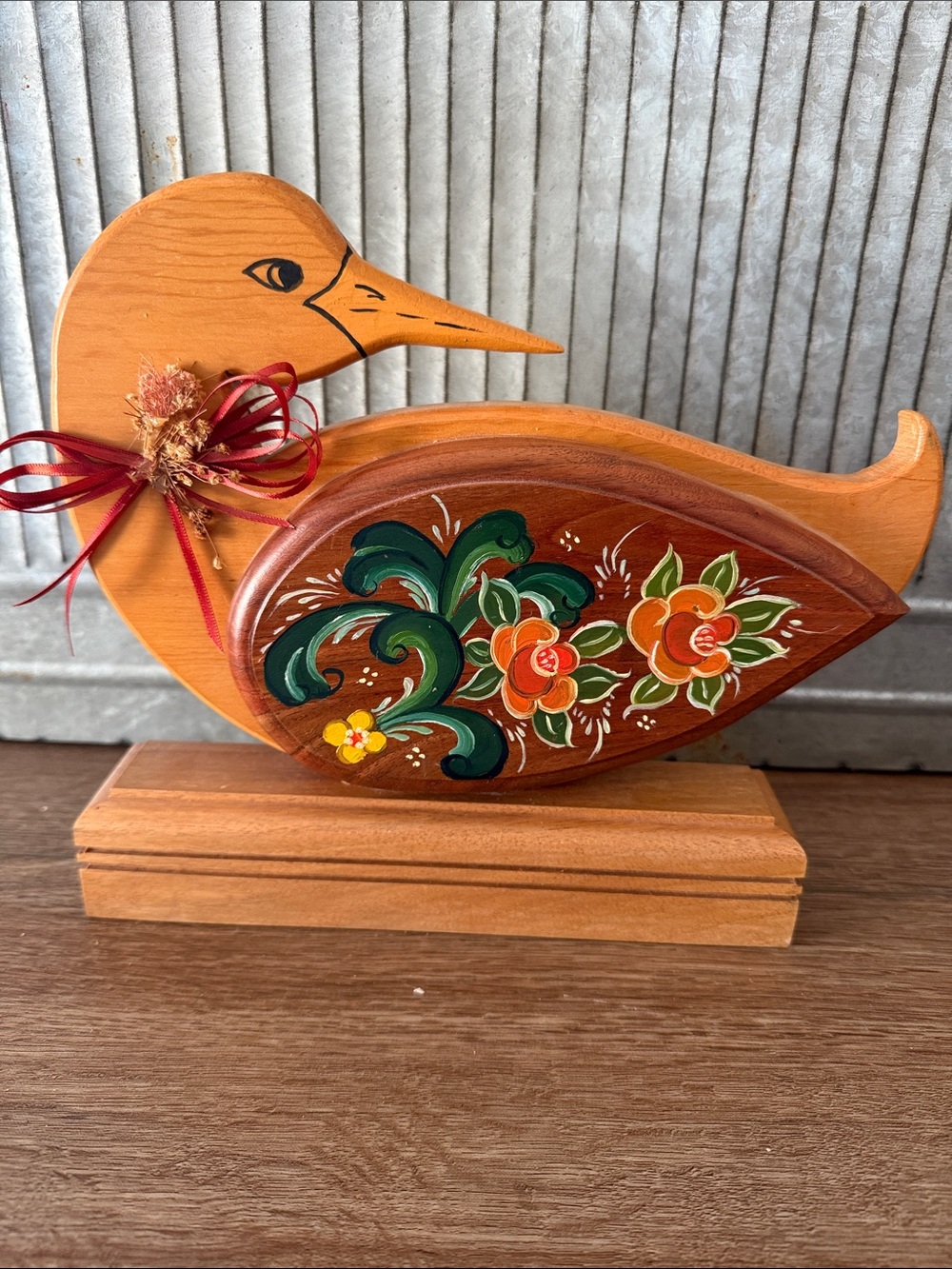 Vintage Hand-Painted and Handcrafted Wooden Duck Folk Art with Floral 1986